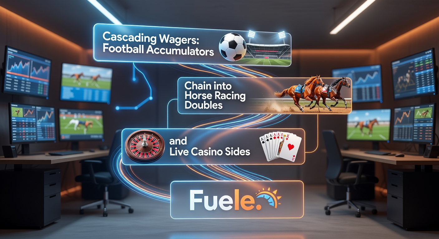 Close-up of a smartphone app interface displaying a cascading bet chain: football accumulator payout rolling into horse racing double odds, linked to a live casino roulette wheel with side bet options