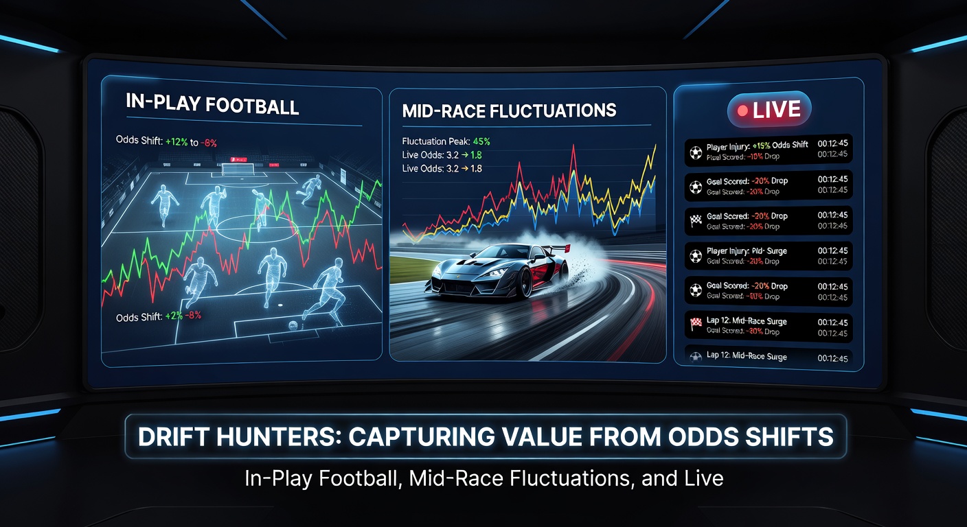 Close-up of a horse race in progress wth overlaid odds screen displaying mid-race drifts and momentum indicators