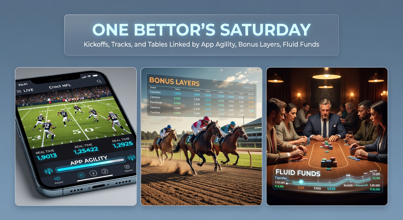 Horse racing action at a sunlit track with bettor's app screen overlay showing live odds and bonus notifications