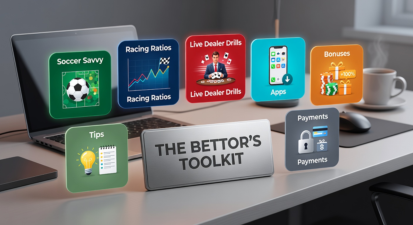 Close-up of a bettor's toolkit including smartphone app screens showing soccer lineups, racing form guides, live dealer streams, payment icons, and support chat bubbles