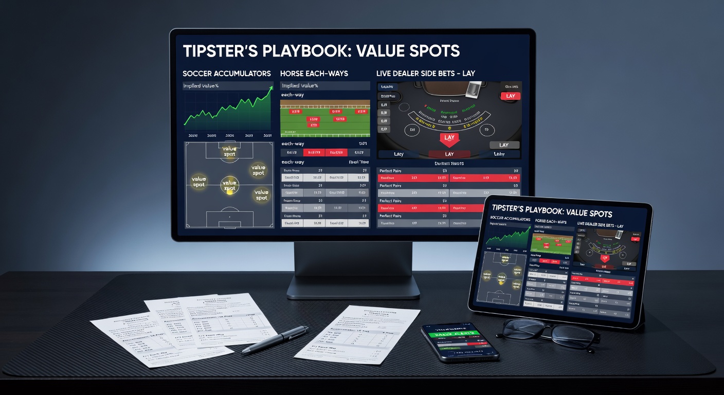 Close-up of a live dealer blackjack table with side bet options glowing, next to a soccer pitch accumulator slip and horse each-way ticket, integrated with mobile app tools showing bonus multipliers and fast withdrawal alerts
