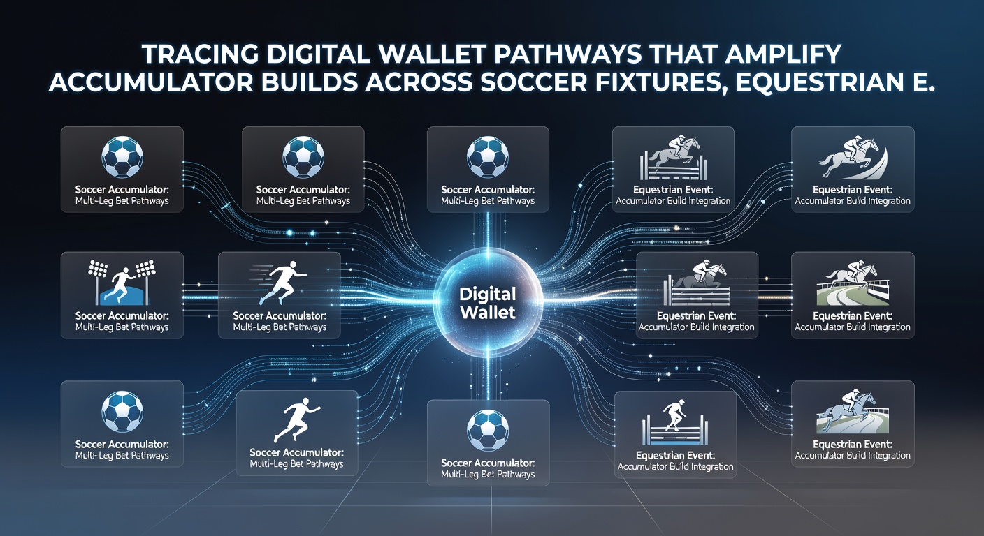 Transaction flow diagrams showing accumulator builds linking soccer, equestrian, and live dealer sessions via digital wallets