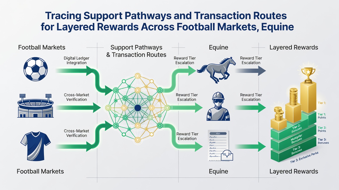 Network diagram illustrating support pathways connecting football, racing, and casino rewards through mobile transaction systems